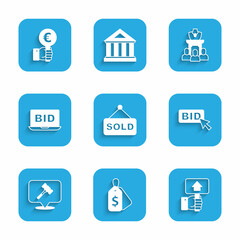 Set Auction sold, Price tag with Sale, Hand holding auction paddle, Bid, hammer, Online, jewelry sale and icon. Vector