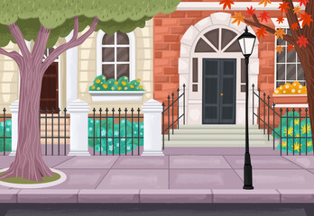 Street of a colorful city with trees. Cartoon sidewalk. - 516324418