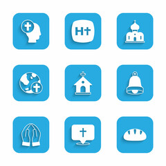 Set Church building, Location church, Christian bread, bell, Hands praying position, cross with globe, and Priest icon. Vector