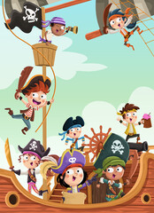 Cartoon pirates on a ship at the sea - 516324606