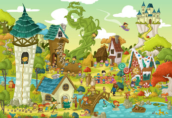 Magic world with fairy tale characters. Cartoon fantasy background village.
- 516324615