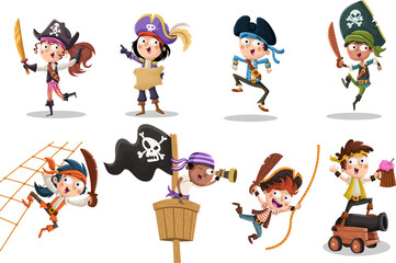 Group of cartoon pirates with swords.
