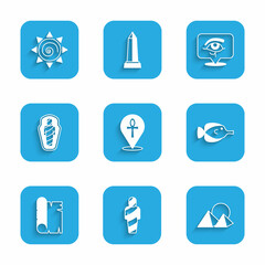 Set Cross ankh, Egypt mummy, pyramids, Butterfly fish, Papyrus scroll, in sarcophagus, Eye of Horus and Sun icon. Vector