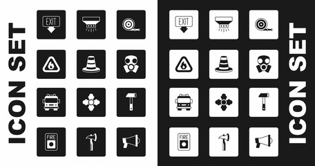 Set Fire hose reel, Traffic cone, flame in triangle, exit, Gas mask, sprinkler system, Hammer and truck icon. Vector