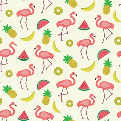 Papier Peint photo Flamingo Cute coral  Flamingo seamless pattern with pineapple, watermelon and banana. For summer print, textile, home décor and fabric 