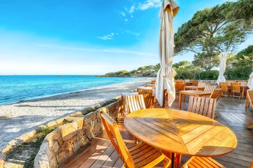 Keuken foto achterwand Palombaggia strand, Corsica Fantastisch uitzicht op de stranden van Palombaggia en Tamaricciu vanaf bar