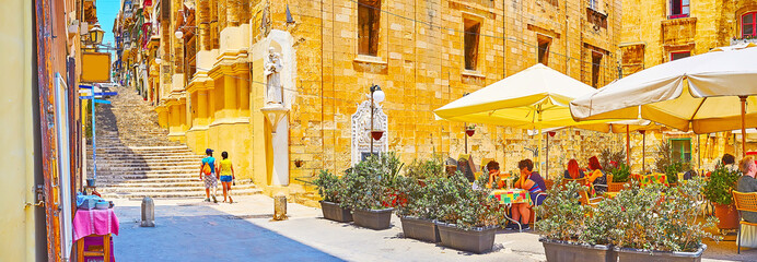 Panorama with summer cafe, Valletta, Malta