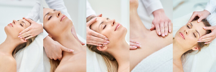 Beautiful image collage of young nice woman having face massage in spa
