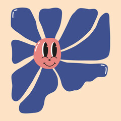 Doodle flower with cartoon funny smiling face, daisy retro character. Cute floral happy emotion. Childish logo design with daisies vector. Illustration of smile flower