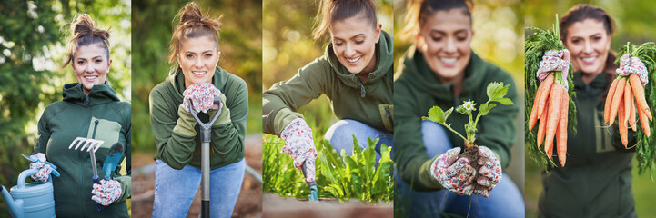 Beautiful image collage of young woman gardener