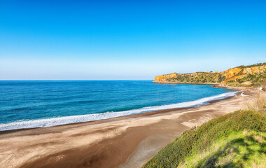 Fantastic view of beach Torre Conca (cape Rais Gerbi). Sunny scene.