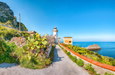 Fototapeta na wymiar Stunning sunny day over Capo Zafferano Lighthouse.