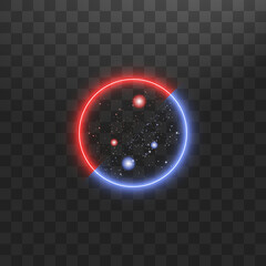 Versus VS sign in neon circle frame in transparent background. Laser glowing Bright red and Bright blue lines with soft light effect. Vector illustration of realistic mockup, template for game design