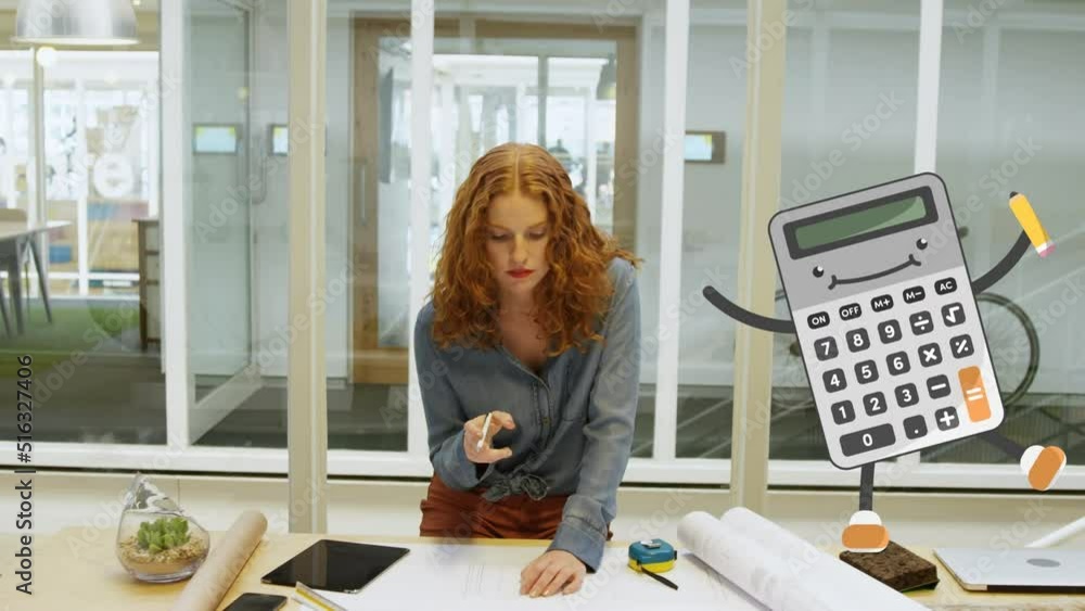 Poster animation of smiling calculator over female architect working with blueprints in office