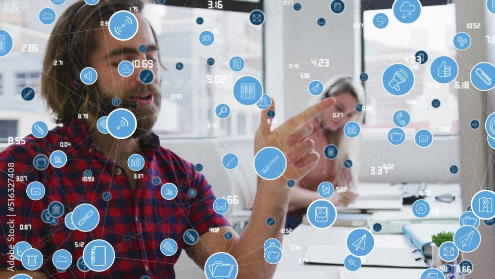 Poster Animation of network of communication icons over man using headset and computer talking in office