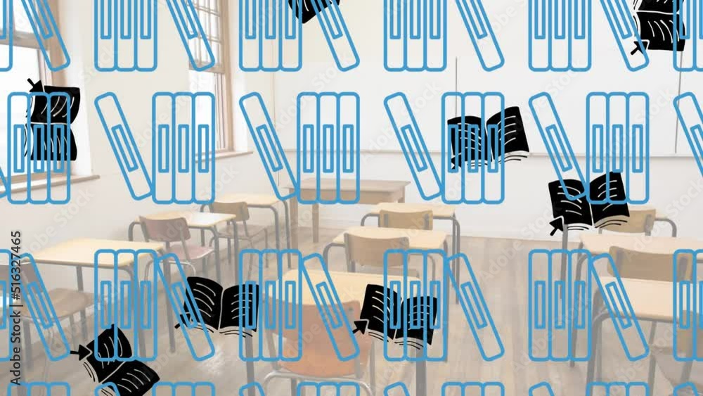 Poster animation of notebooks floating and books falling over classroom
