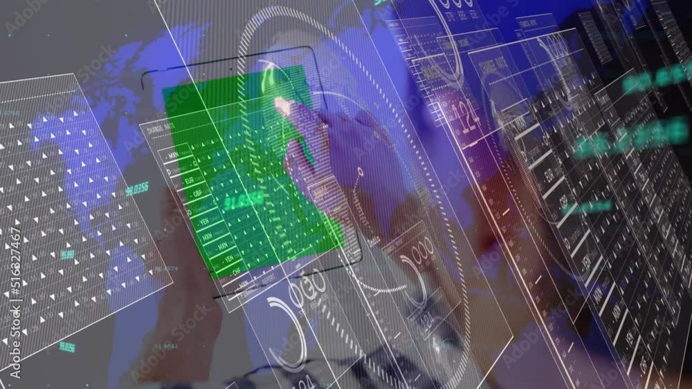 Poster animation of digital screen with data over asian man using tablet with copy space