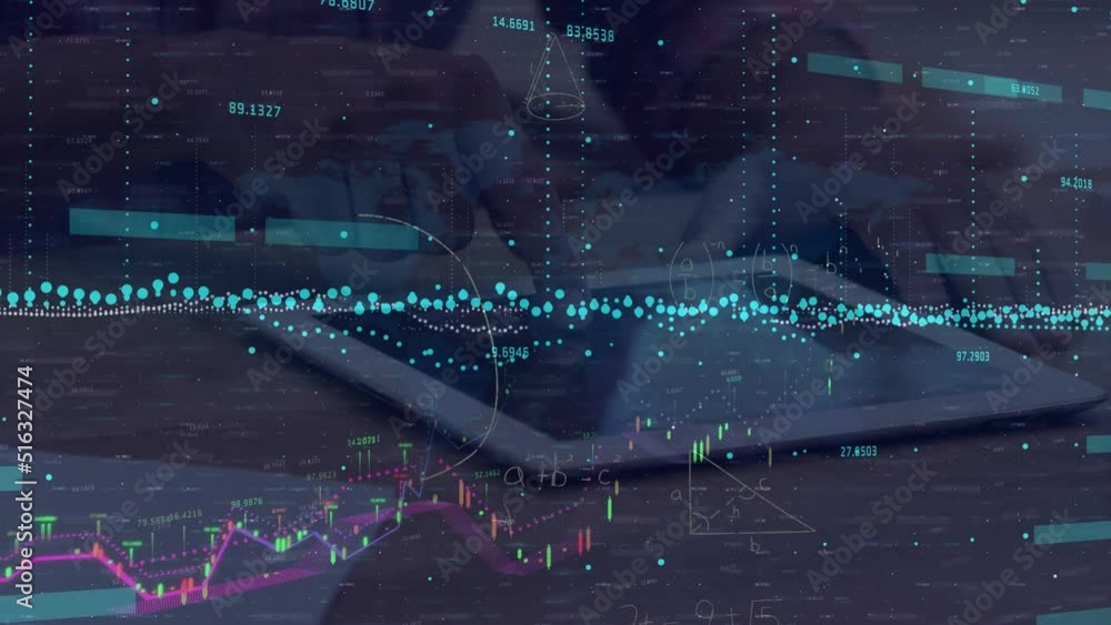 Poster animation of financial data and graphs over tablet lying on desk