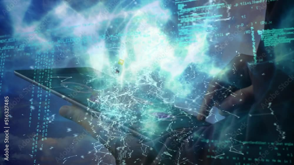 Poster animation of connections, data and tech icons hands of caucasian man using tablet