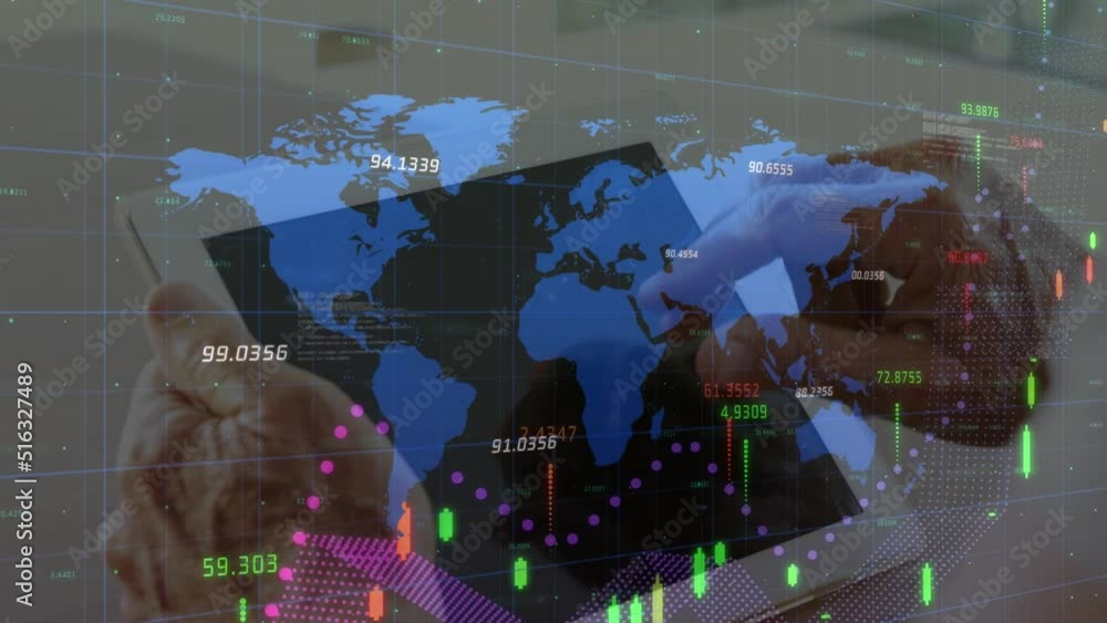 Poster animation of financial data and graphs over hands of caucasian man using tablet