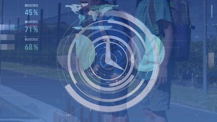 Animation of clock moving and statistics over school children crossing street - Powered by Adobe