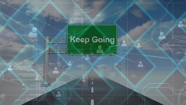 Animation of network of connections with icons over green road sign