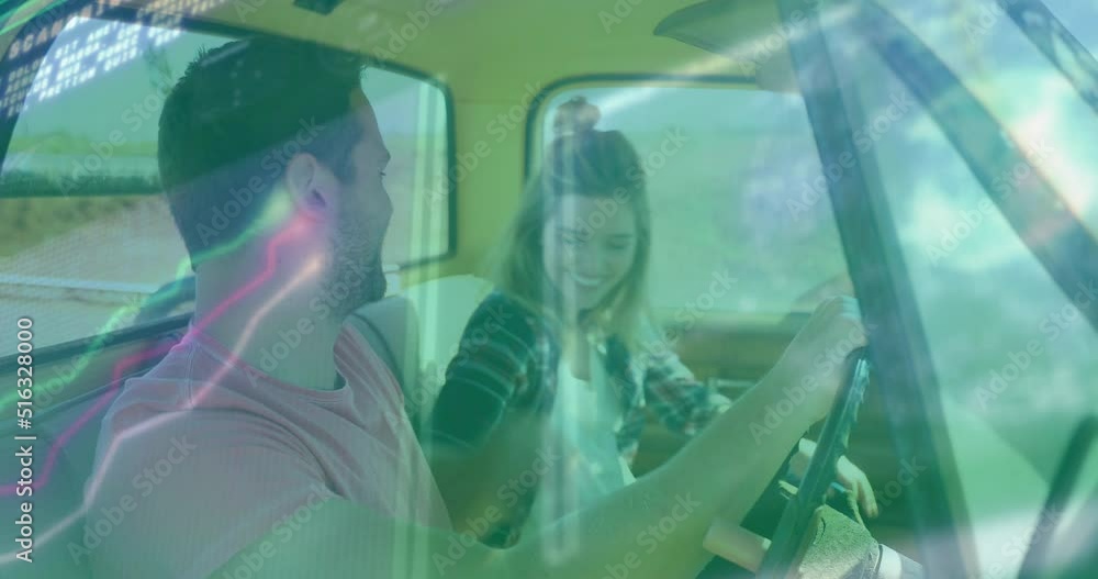 Poster animation of digital data processing over two caucasian people in car