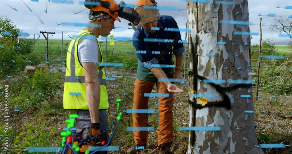 Poster animation of data processing over two lumberjacks