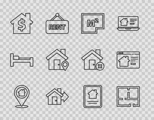 Set line Location with house, House plan, Sale, dollar symbol, Online real estate and icon. Vector