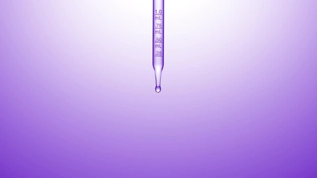 Macro shot of clear fluid is dripped from graduated chemical dropper on purple background | Abstract skin care serum ingredients mixing concept