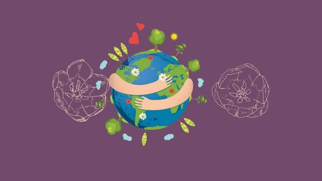 Animation of globe with hands and flowers over purple background