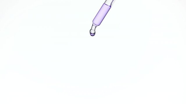 Macro shot of drops of violet transparent liquid are falling down from lab dropper on white background | Abstract body care cosmetics with plant oils formulating concept