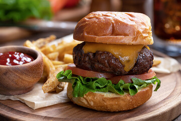 Cheeseburger with lettuce and tomato on toasted bun