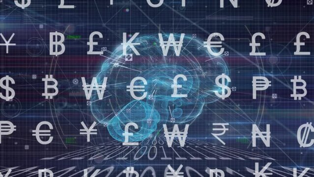 Animation of currency sings over blue background