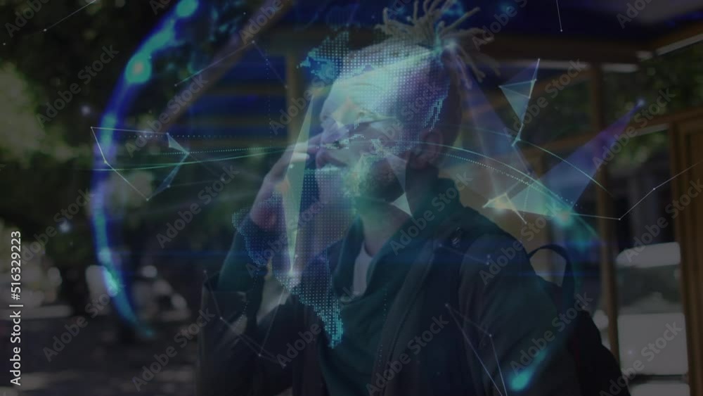 Aufkleber animation of globe and shapes over happy albino man using smartphone