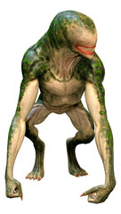 3D Rendering Green Alien on White