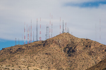 A scenic view of the television and radio towers atop South Mountain in Phoenix, Arizona.