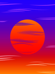 Red sunset evening vector illustration with sun and clouds, trendy violet and orange colors gradient dawn sky. Red evening sun vector minimalist graphic design.