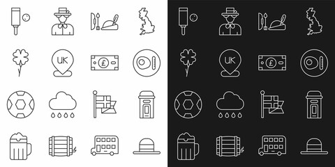 Set line Elegant women hat, London phone booth, British breakfast, Robin hood, Location England, Four leaf clover, Wood cricket bat ball and Pound sterling money icon. Vector