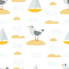 summer seamless pattern with cartoon gull, ship,  decor elements. colorful vector, flat style. design for fabric, textile, print, wrapper.