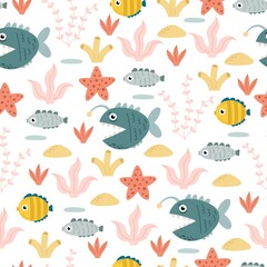 undersea seamless pattern with cartoon fish, coral, starfish, decor elements. Colorful vector flat for kids. hand drawing. baby design for fabric, print, wrapper, textile