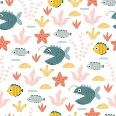 Raamstickers Onder de zee undersea seamless pattern with cartoon fish, coral, starfish, decor elements. Colorful vector flat for kids. hand drawing. baby design for fabric, print, wrapper, textile