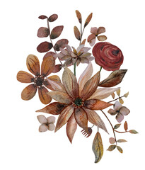 Watercolor autumn bouquets of dry flowers and leaves, boho autumn, sunflower, wheat, dahlias