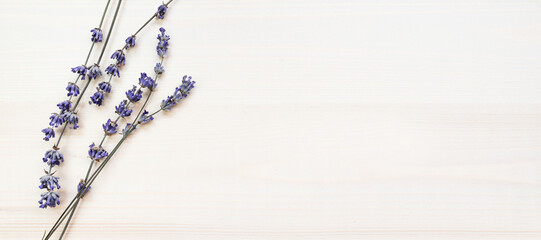 Dry flowers of natural lavender on a wooden background. Top view, place for text.