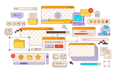 Browser windows in the vaporwave style of the 80-90s. Desktop PC with message windows and pop-up user interface elements. Old user interface. Vector illustration
