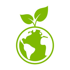 
Green Earth plant symbol. Environmental conservation concept. Planet and leaves. Eco world cartoon. Global ecological action. Carbon neutrality. Sprout growth idea. Vector illustration, flat, clip ar