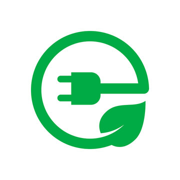 Green energy logo. Letter E with a plug and a leaf. Sustainable clean energy symbol. Renewable natural resources idea. Carbon neutrality. Zero emission. Ecology. Vector illustration, flat, clip art. 
