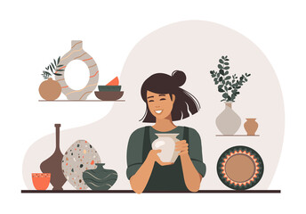 Concept pottery studio. A woman is making a clay vase. Creation of handmade ceramics. Vector illustration. - obrazy, fototapety, plakaty