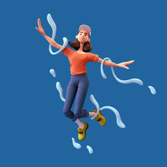 Fototapeta na wymiar Excited cute asian active girl in blue jeans, orange t-shirt, green sneakers jump up in air imitate flight of airplane with her hands have fun, rejoice joy, liquid dynamic shape bubbles fly. 3d render