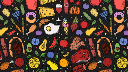 Horizontal illustration of food background with fruits, vegetables and meat